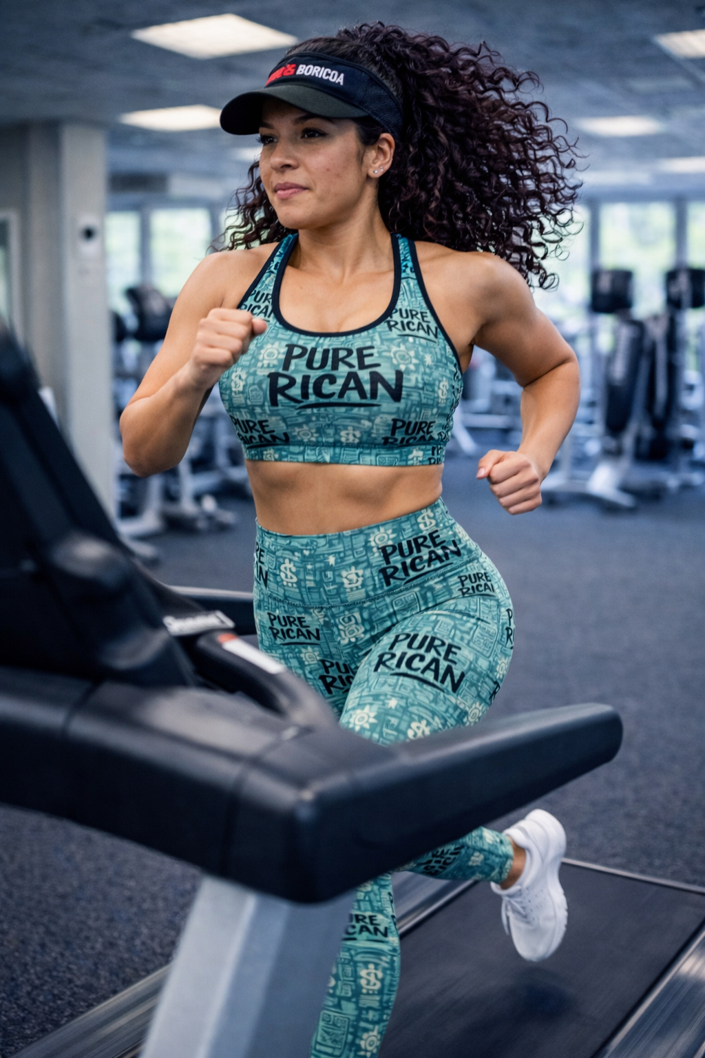 Pure⭐️Rican women’s teal heritage print performance sports bra with all-over branded logo pattern, worn during treadmill workout in gym.