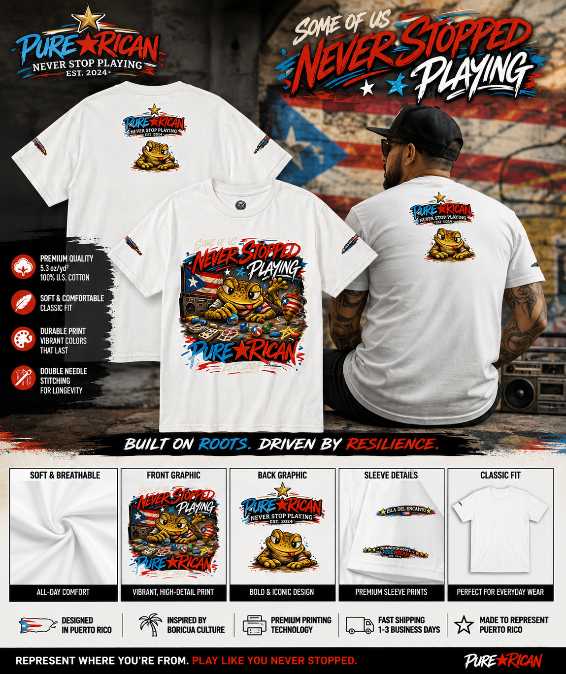 PURE⭐️RICAN Never Stopped Playing Tee Puerto Rican Culture Streetwear Unisex T-Shirt