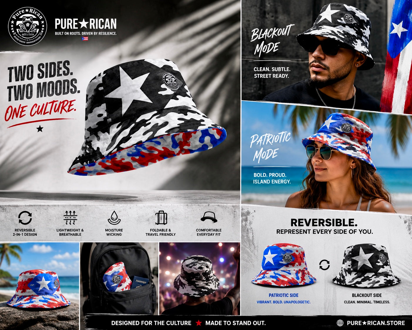 Pure⭐️Rican Reversible Puerto Rican Bucket Hat – Patriotic & Blackout Edition