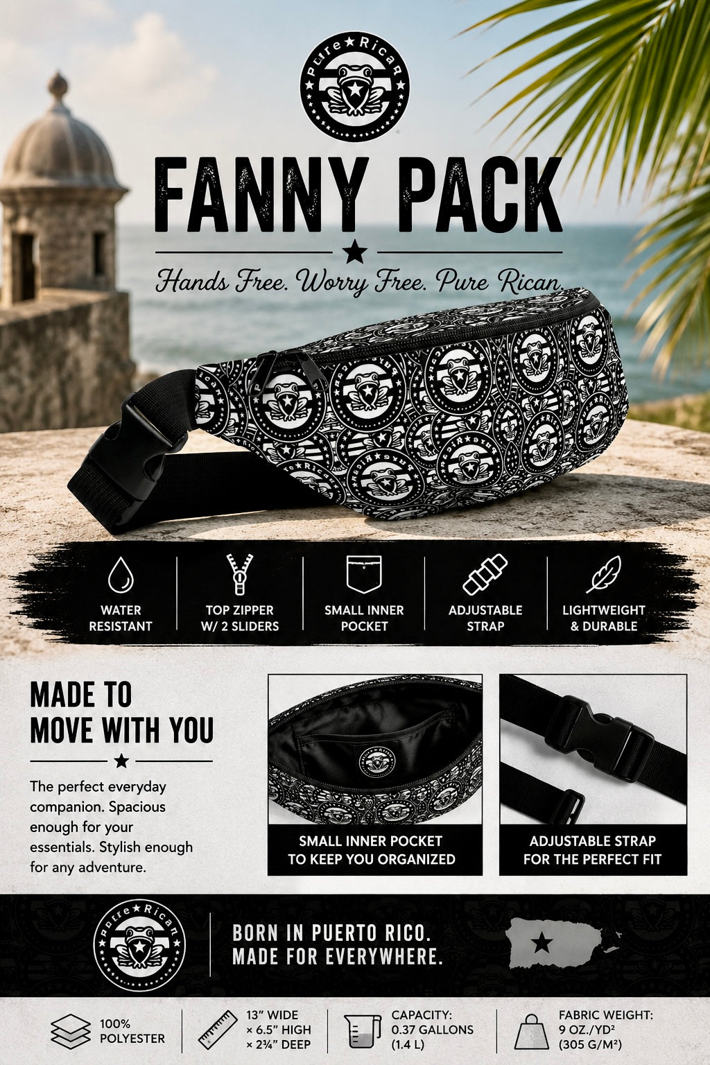 Pure⭐️Rican OG Logo Pattern Fanny Pack | Puerto Rican Travel, Festival & Everyday Waist Bag