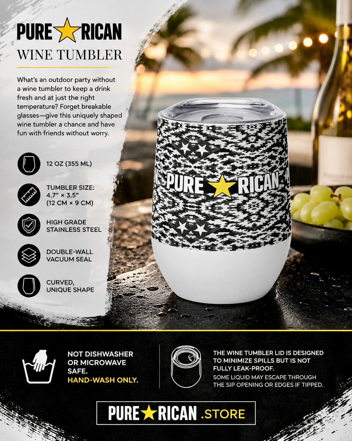 Pure⭐️Rican Black Camo Seal Stainless Steel Wine Tumbler | 12oz Puerto Rican Insulated Cup