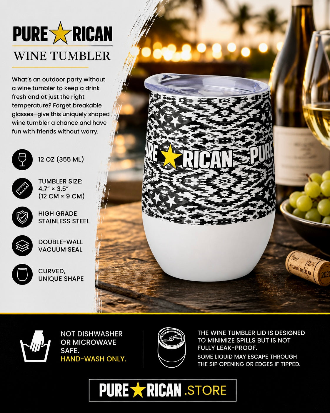 Pure⭐️Rican Black Camo Seal Stainless Steel Wine Tumbler | 12oz Puerto Rican Insulated Cup