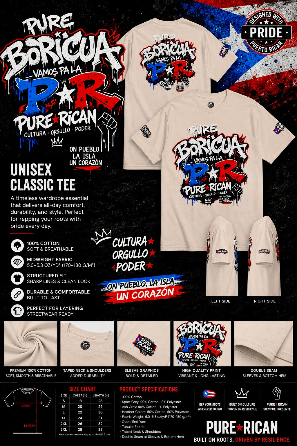 T-shirt with 'Pure Boricua' and 'Puerto Rican' text on a black background