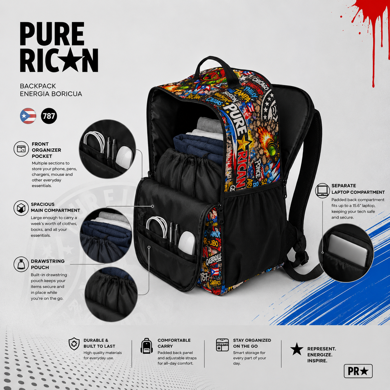 Pure⭐️Rican Energia Boricua backpack open interior view showing spacious main compartment with folded clothing, front organizer sections for cords and accessories, built-in drawstring pouch for secure storage, and separate padded laptop compartment for organized travel and everyday use.