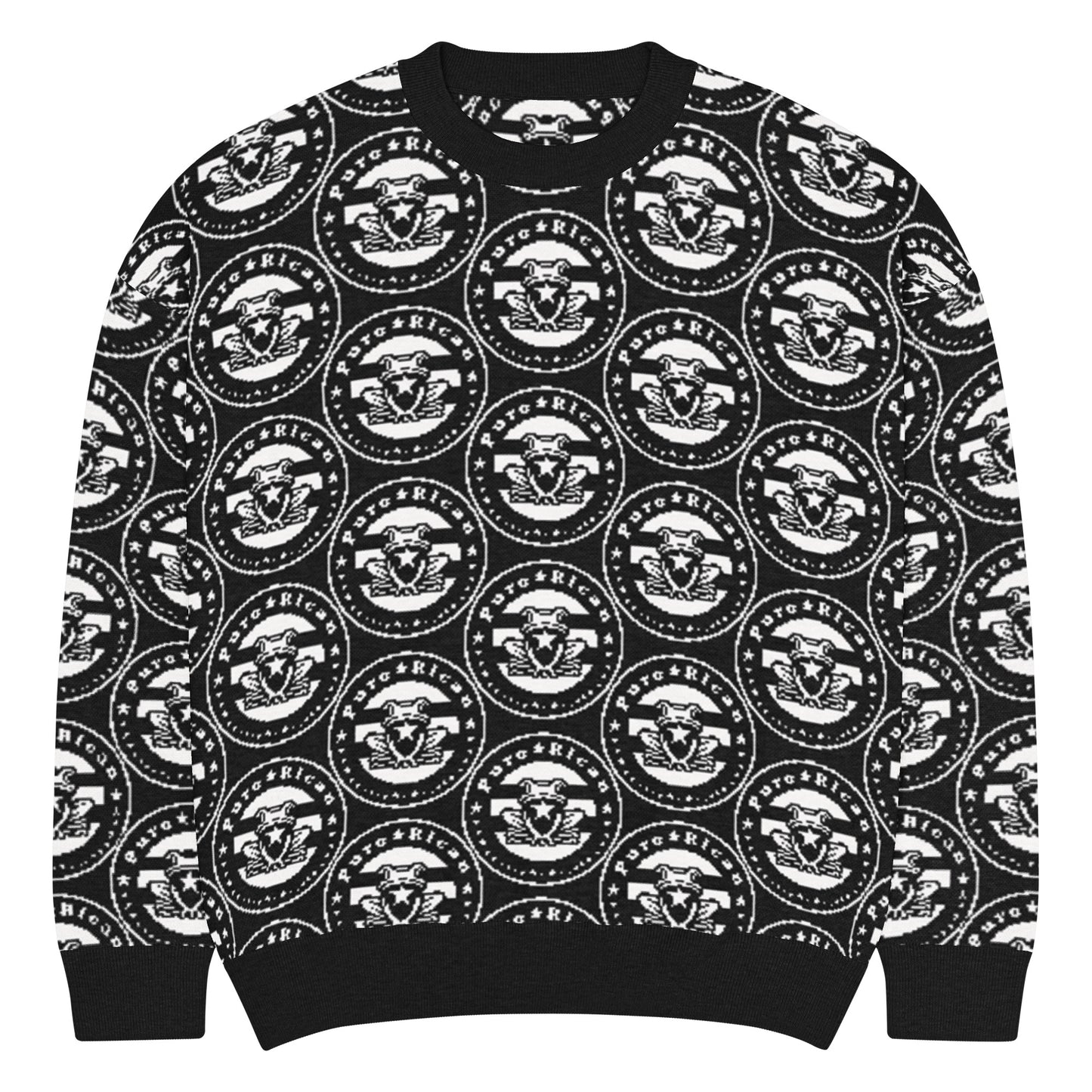 All-over Pure⭐️Rican OG logo pattern knitted into black and gray crewneck sweater fabric