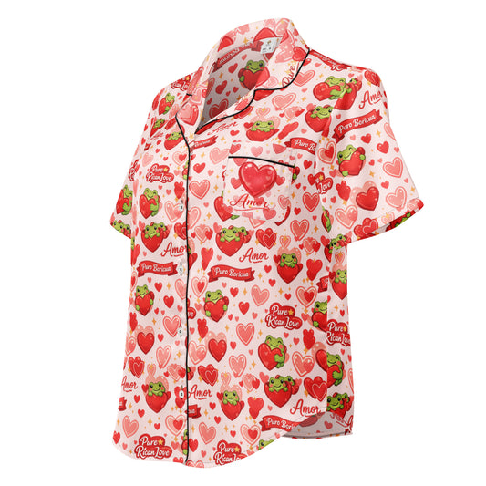 Angled front view of Pure⭐️Rican Amor women’s pajama shirt with playful frog hugging heart Valentine pattern in misty rose