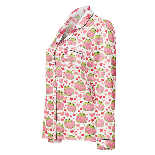 Angled view of the Pure⭐️Rican Amor Frog white satin long sleeve pajama top highlighting silky fabric, contrast piping, and playful Valentine print.