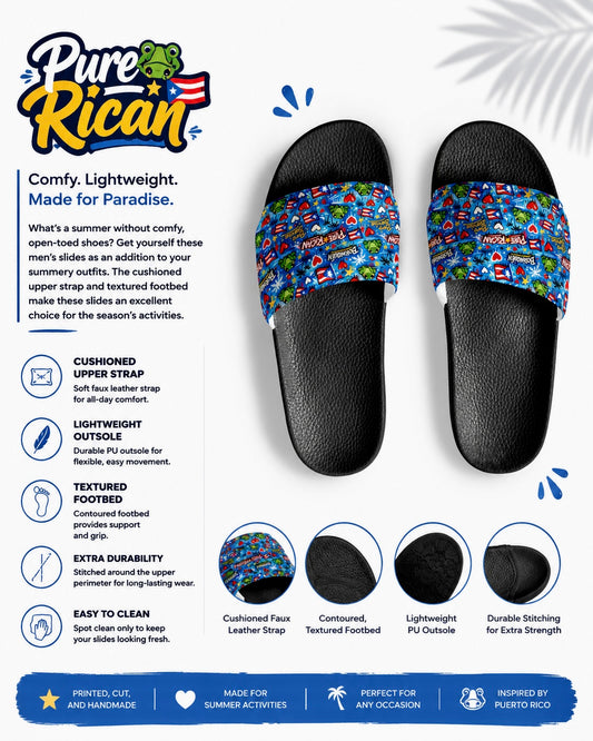 Black slides with colorful strap on a white background, featuring Pure⭐️Rican branding and product features.