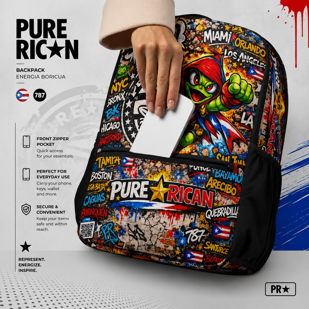 Close-up of the Pure⭐️Rican Energia Boricua backpack front zipper pocket showing a hand placing a smartphone inside for quick-access storage. Features Puerto Rican graffiti artwork, Sapo Concho mascot, and secure front pocket for phones, keys, wallet, and everyday essentials.