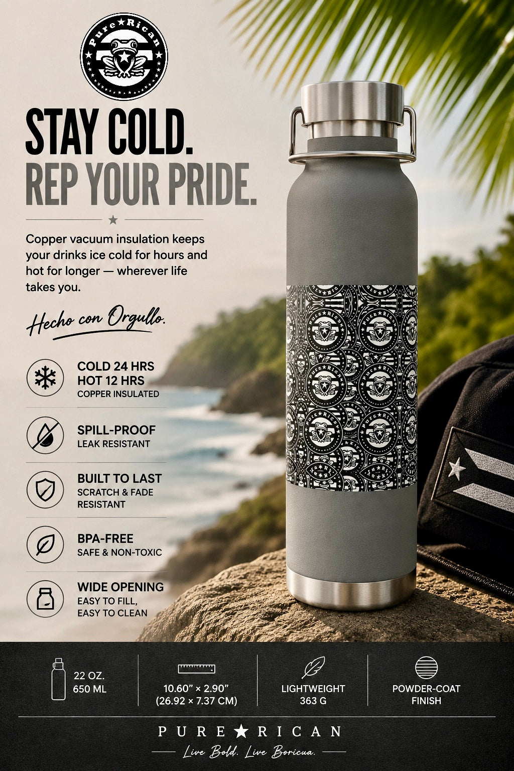 Gray water bottle with black pattern on a scenic background, featuring text about product features.