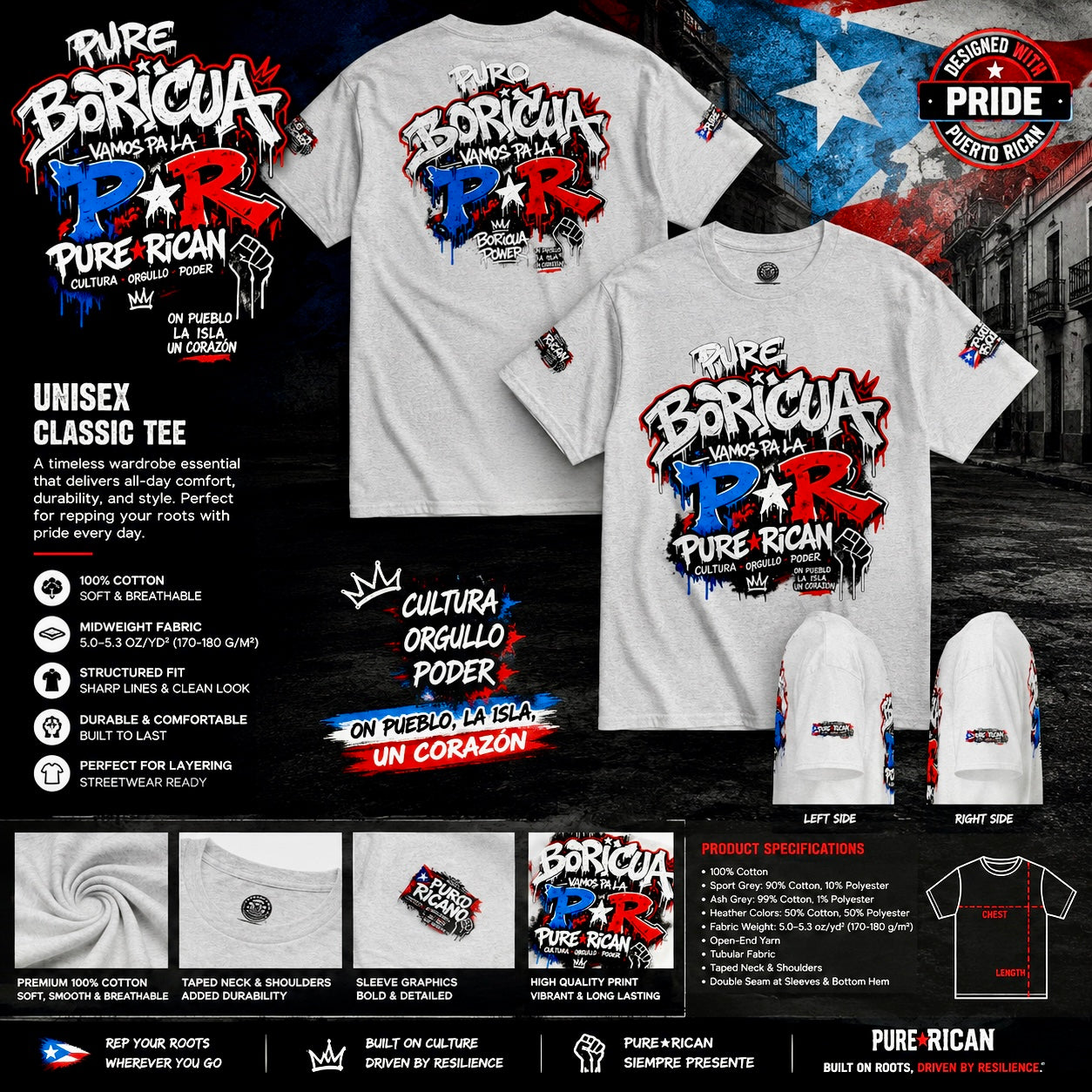 Ash t-shirt with 'Pure Boricua' design featuring Puerto Rican pride text and graphics.