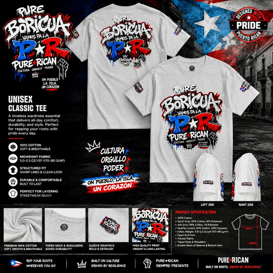 Ash t-shirt with 'Pure Boricua' design featuring Puerto Rican pride text and graphics.