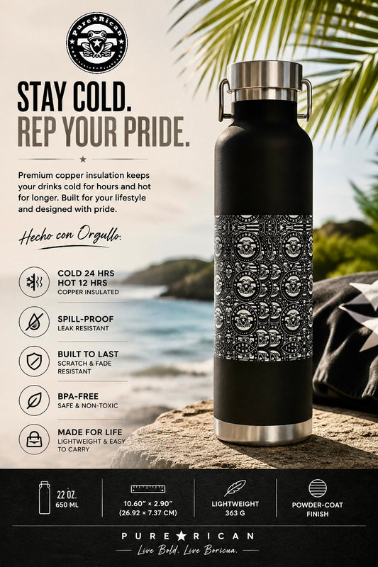 Black insulated water bottle with silver cap on a beach background, featuring promotional text about product features.