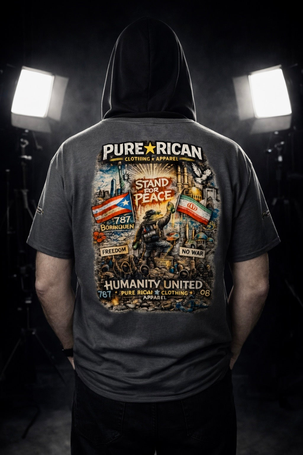 Back view of Pure⭐️Rican Humanity United t-shirt showing large peace mural artwork with Puerto Rican and Iranian flags.