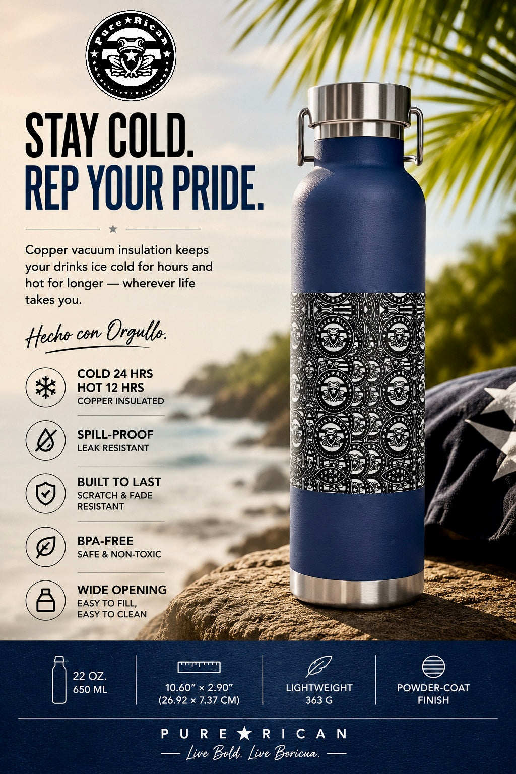 Blue insulated water bottle with decorative pattern on a beach background, featuring Pure Rican branding.