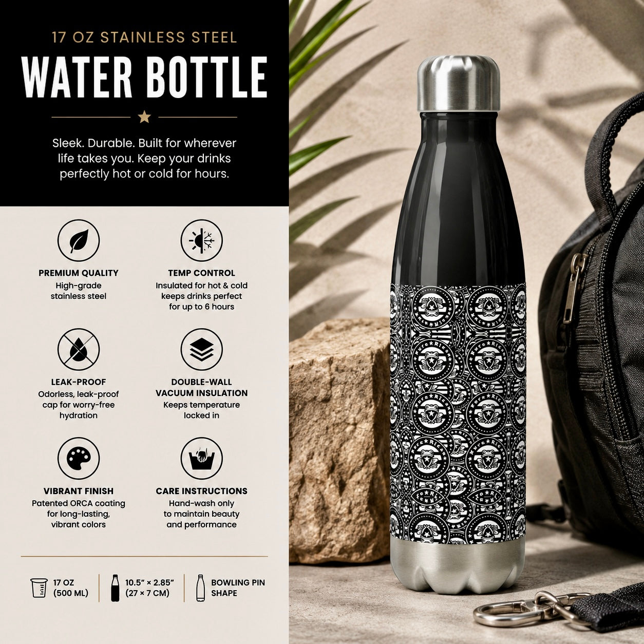 Stainless steel water bottle with black and white pattern next to product details on a beige background