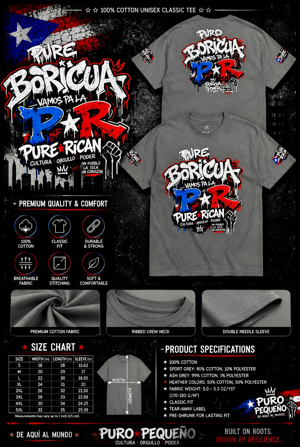 Gray t-shirt with 'Pure Boricua Vamos Pa La PR' design on a dark background