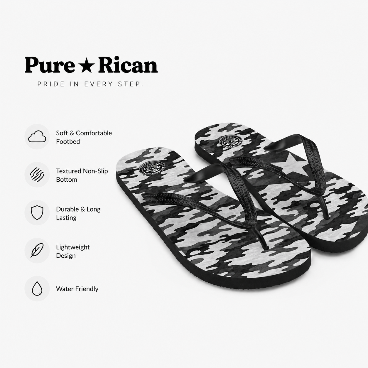 Black and white camouflage flip-flops with 'Pure Rican' branding and feature list on a white background.