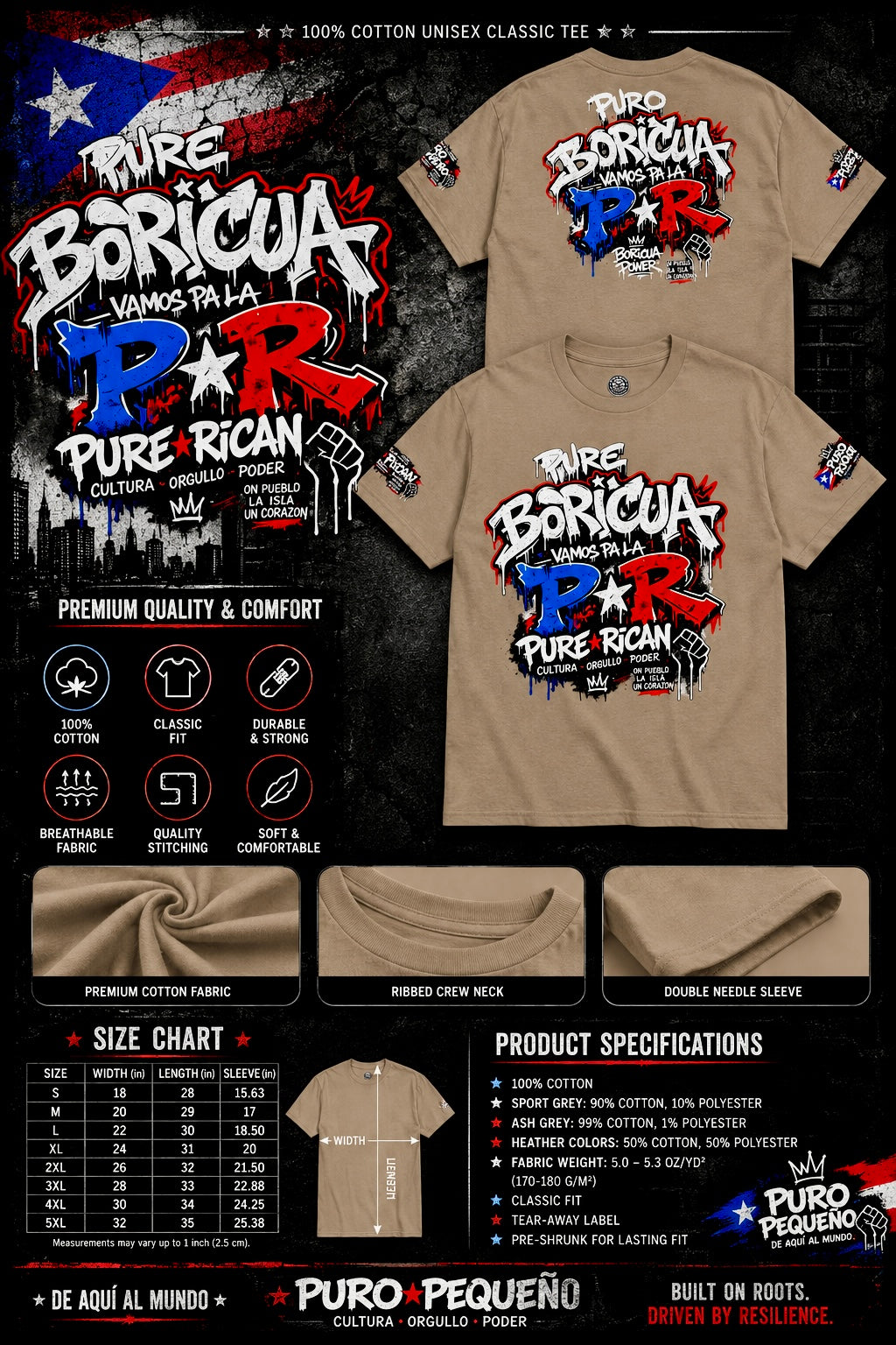 T-shirt with 'Pure Boricua' text and graphics on a dark background