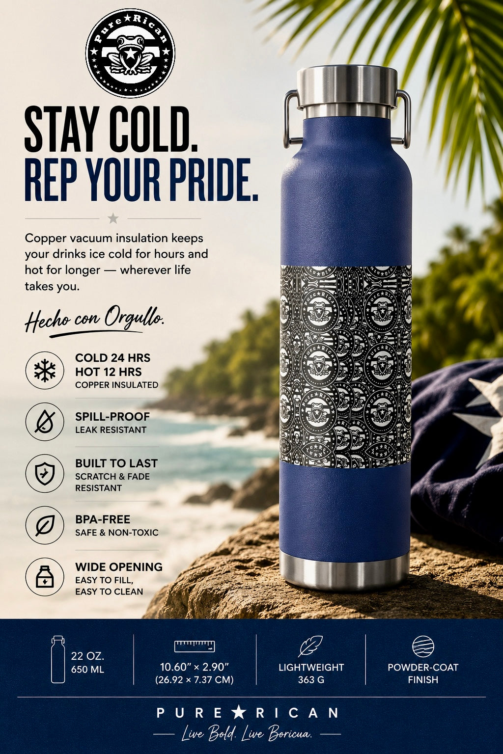 Blue water bottle with decorative pattern on a natural background, featuring text about product features.