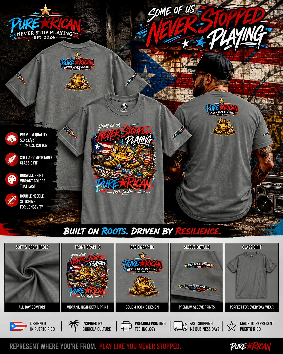 PURE⭐️RICAN Never Stopped Playing Tee Puerto Rican Culture Streetwear Unisex T-Shirt