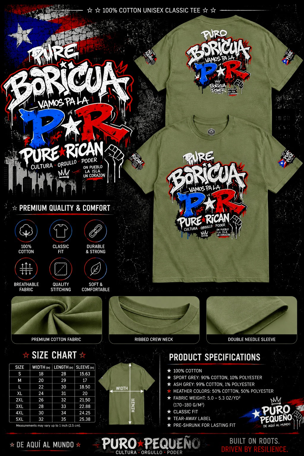 Green t-shirt with 'Pure Boricua Vamos Pa La PR' design on a black background with product details.