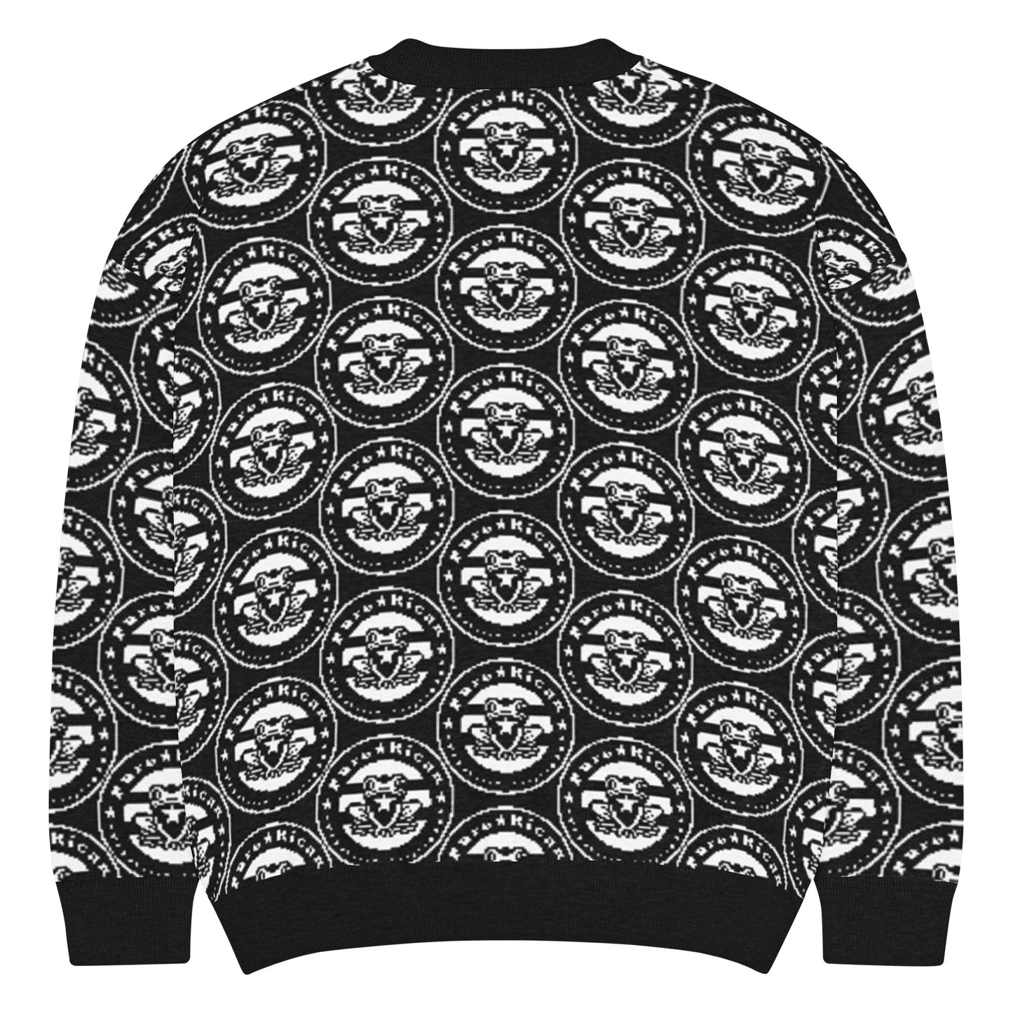 Close-up detail of Pure⭐️Rican knitted crewneck sweater showing ribbed collar and OG logo knit texture