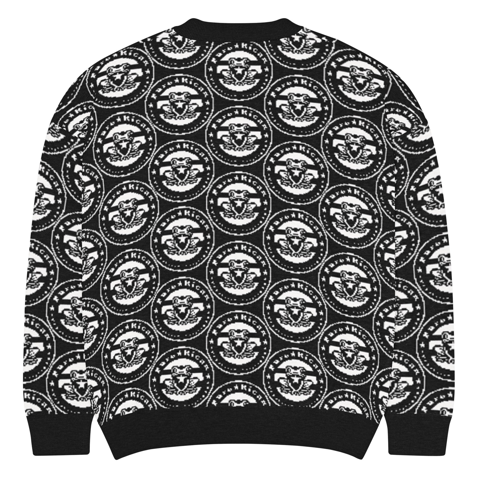 Close-up detail of Pure⭐️Rican knitted crewneck sweater showing ribbed collar and OG logo knit texture