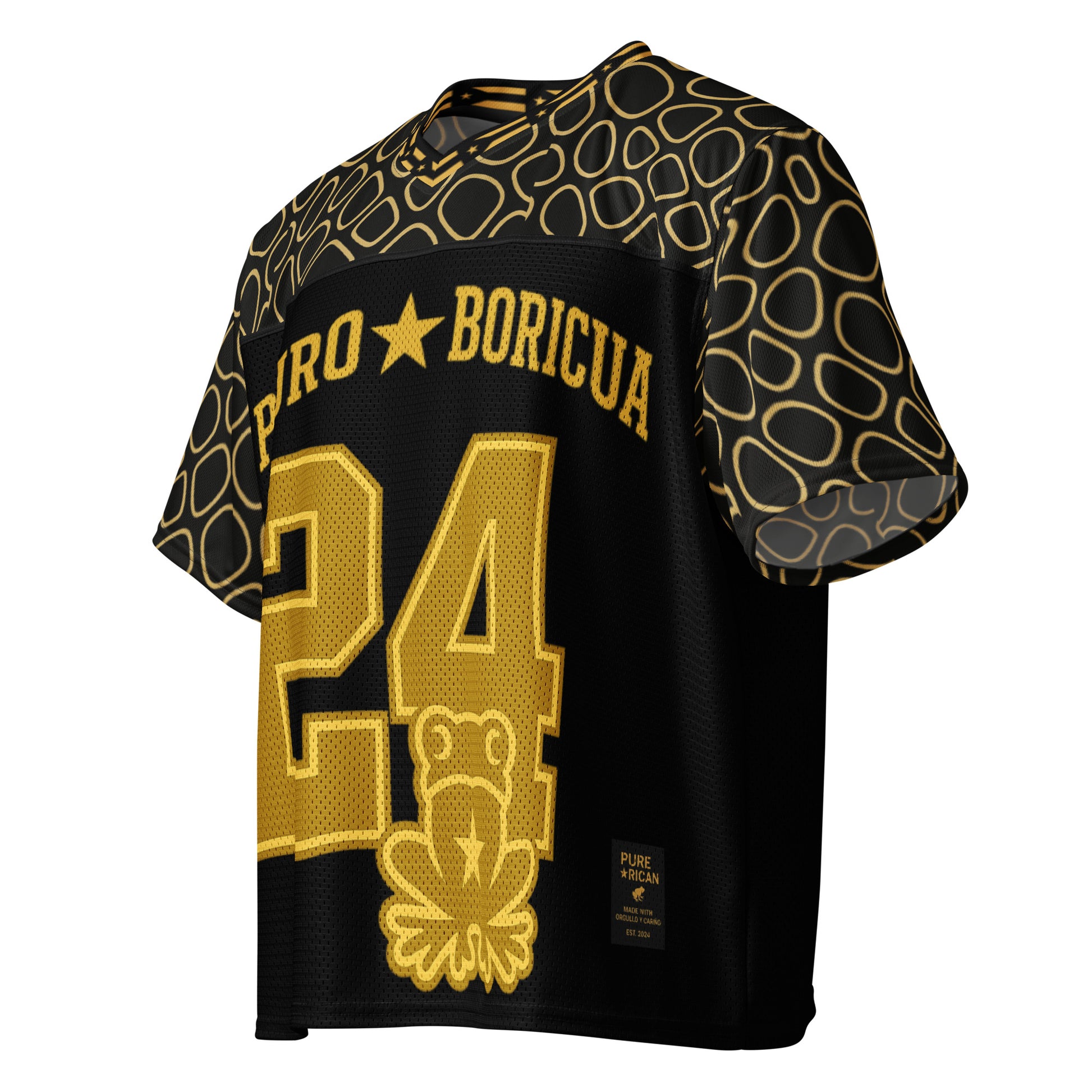 Close-up of Oro Sapo Skin texture on black and gold Puro Boricua football jersey by Pure⭐️Rican