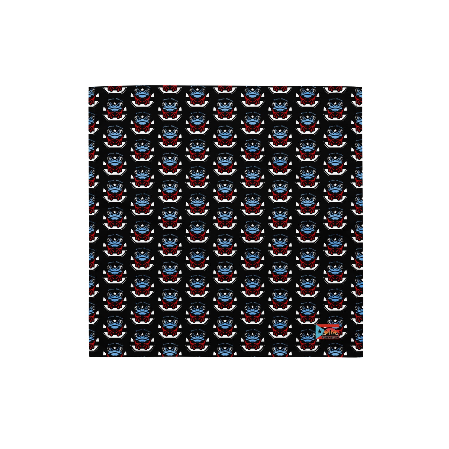Close-up of Pure⭐️Rican OG Coquí bandana pattern showing repeating coquí frog icons on a black fabric with detailed island-inspired colors