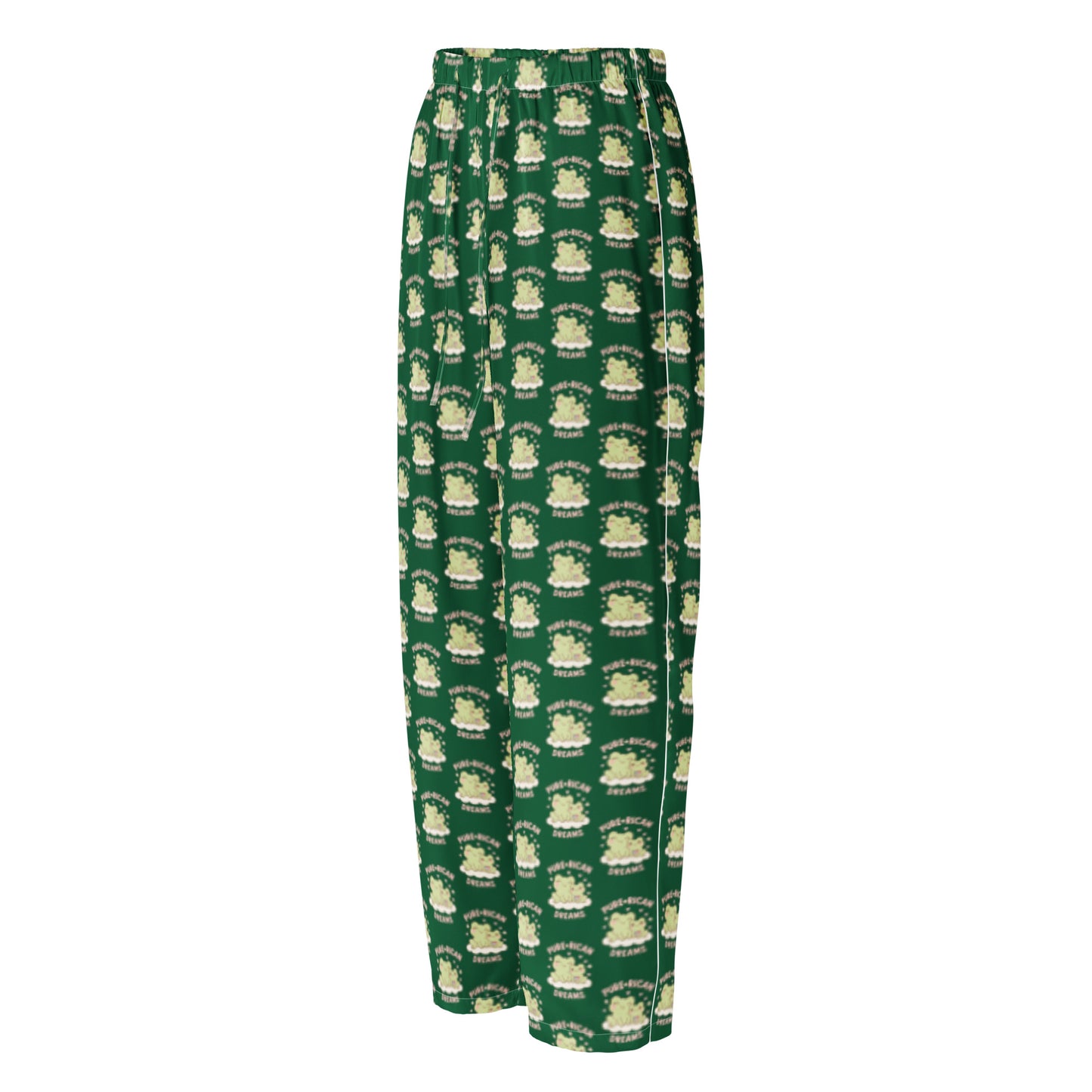 Close-up of Pure⭐️Rican forest green all-over print long pajama pants showing soft fabric and dreamy cultural pattern