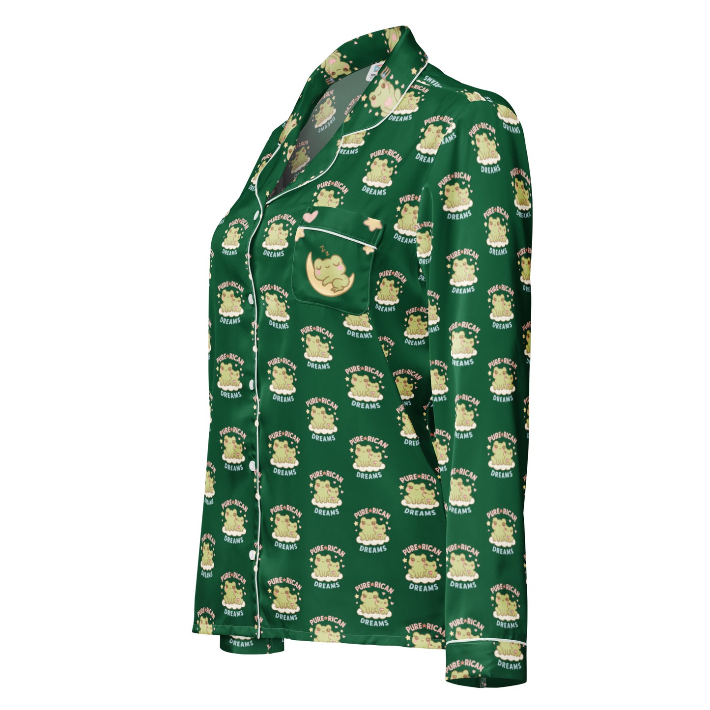 Close-up of Pure⭐️Rican forest green all-over print long sleeve pajama top showing soft fabric and dreamy cultural pattern