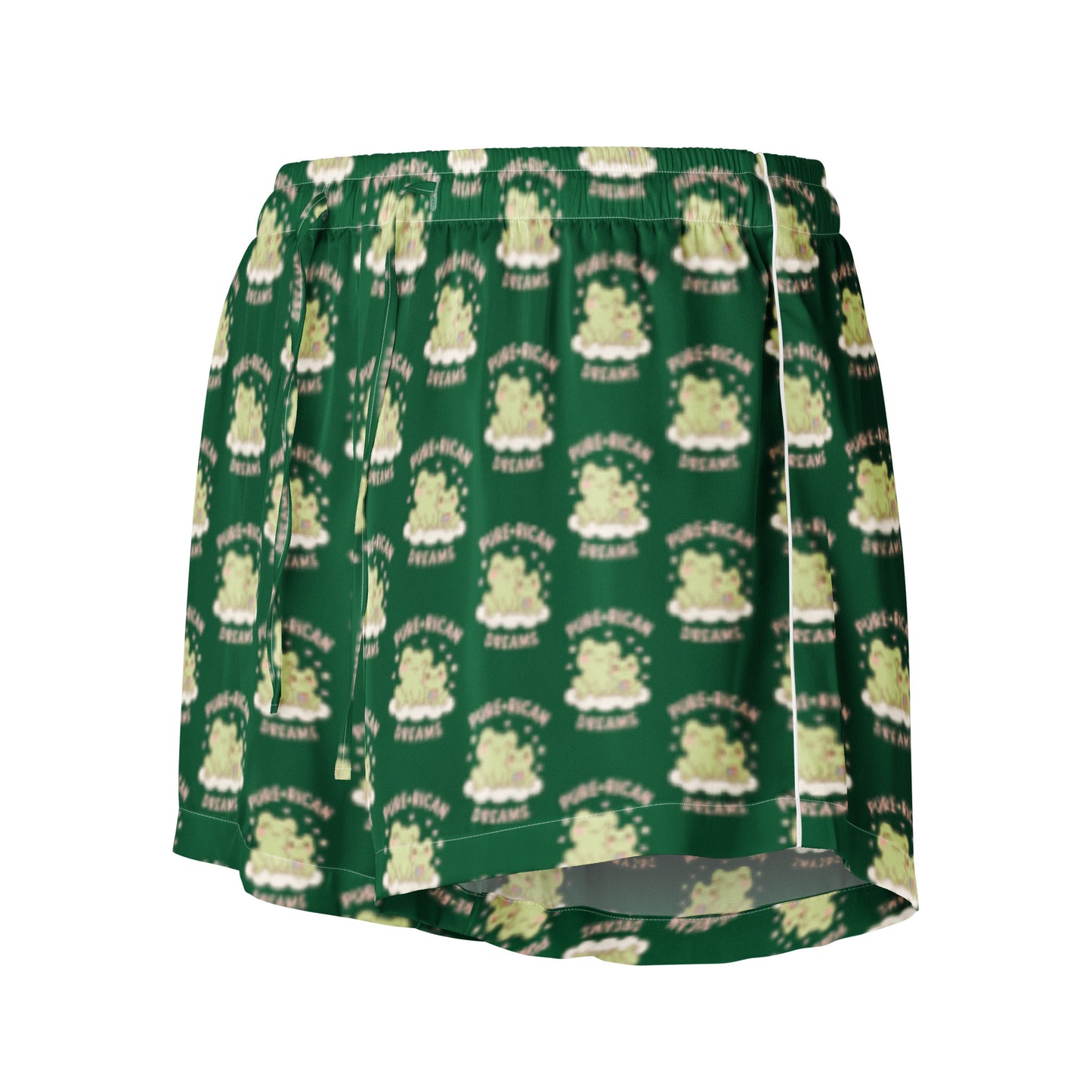 Close-up of Pure⭐️Rican forest green all-over print pajama shorts showing soft fabric and dreamy cultural pattern