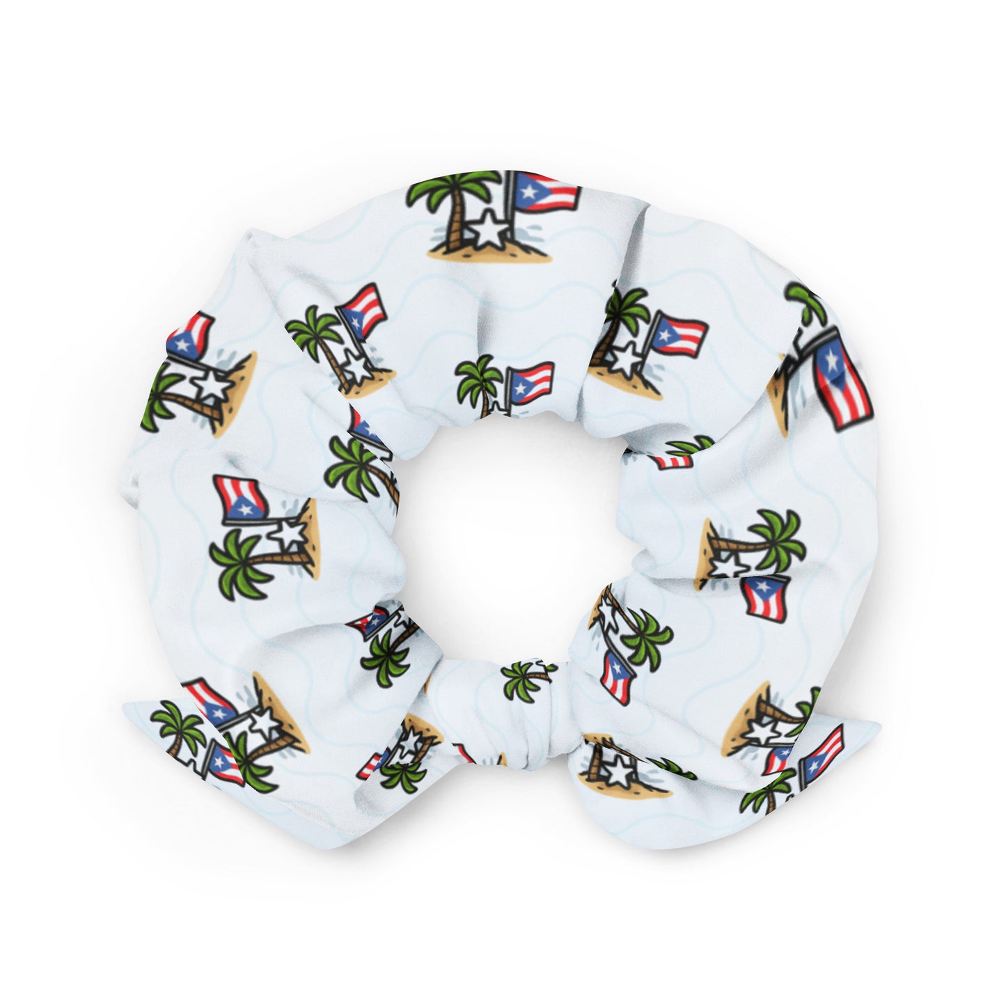 Close-up of Pure⭐️Rican island flag scrunchie with repeating palm trees and Puerto Rican flags