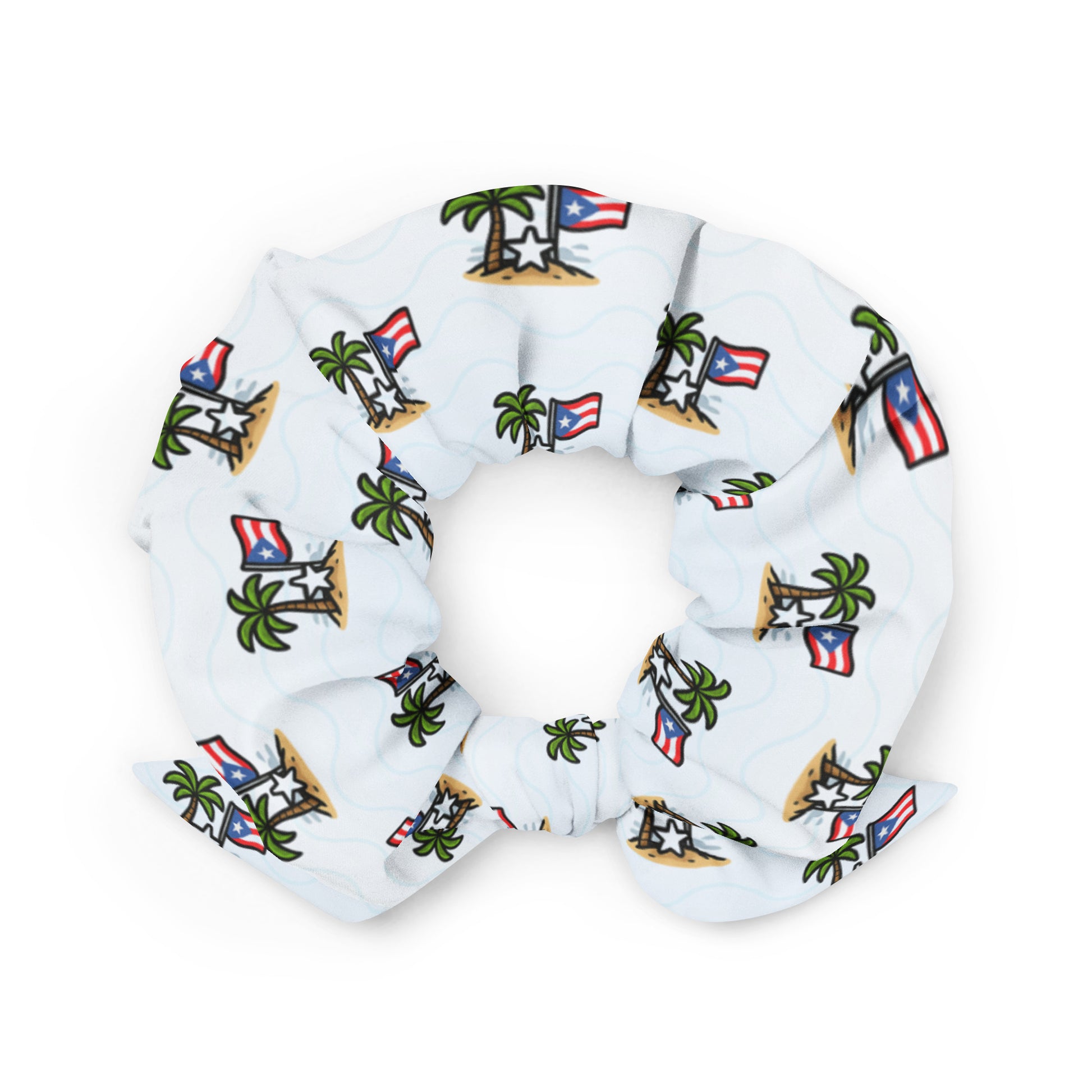 Close-up of Pure⭐️Rican island flag scrunchie with repeating palm trees and Puerto Rican flags