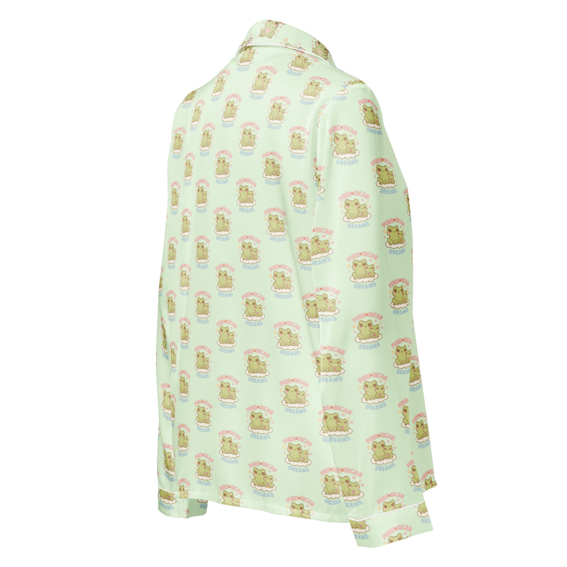 Close-up of Pure⭐️Rican mint green all-over print long sleeve pajama top showing soft fabric and dreamy cultural pattern