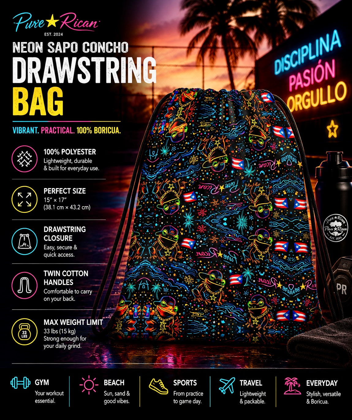 Back flat-lay product image of the Pure⭐️Rican Neon Sapo Concho Drawstring Bag featuring colorful neon Sapo Concho frog artwork, Puerto Rican flags, stars, palm trees, and island-inspired graphics on a black drawstring backpack with contrasting shoulder straps.
