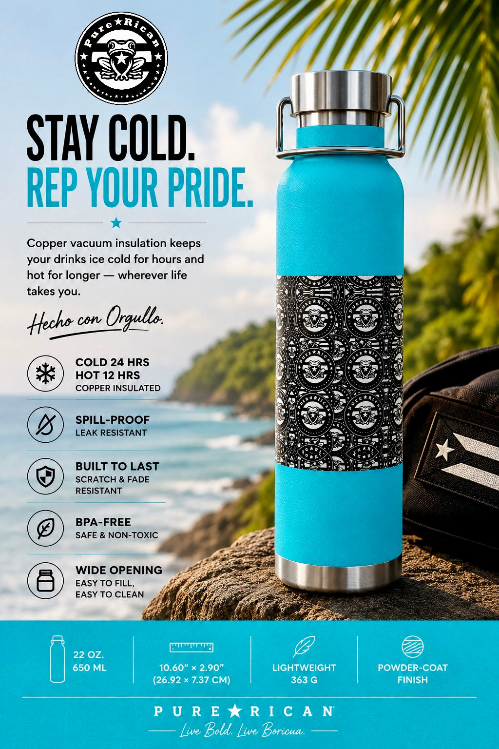 Blue insulated water bottle with text about product features and Pure Rican branding.
