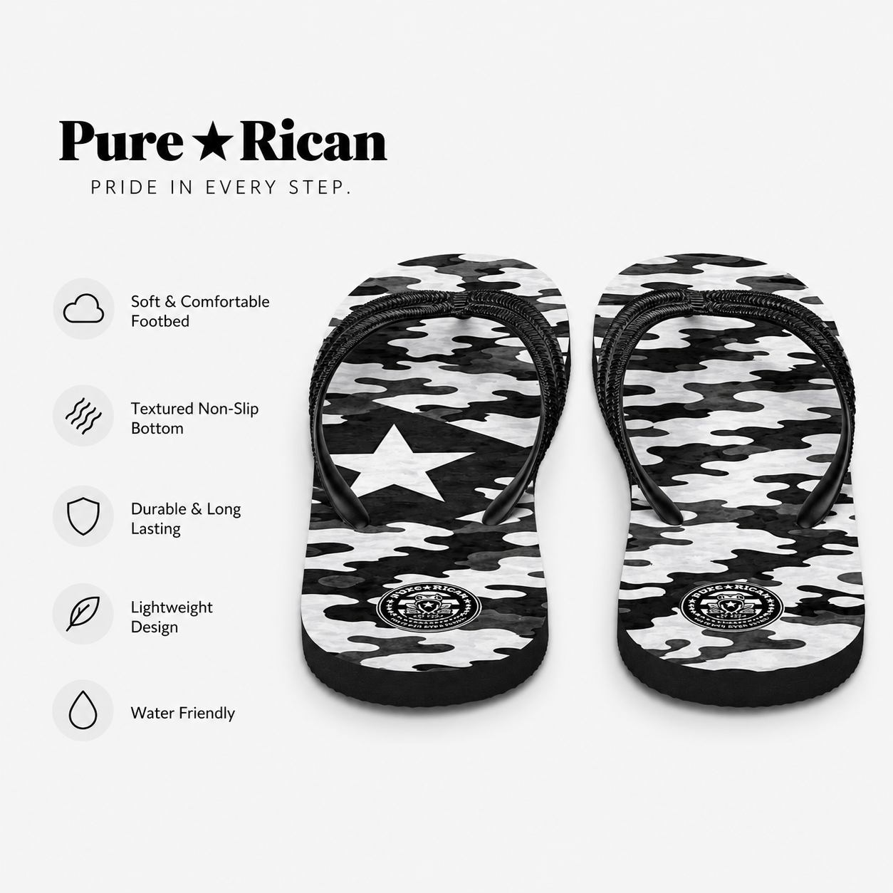 Black and white camouflage flip-flops with Pure⭐️Rican branding and product features on a white background.