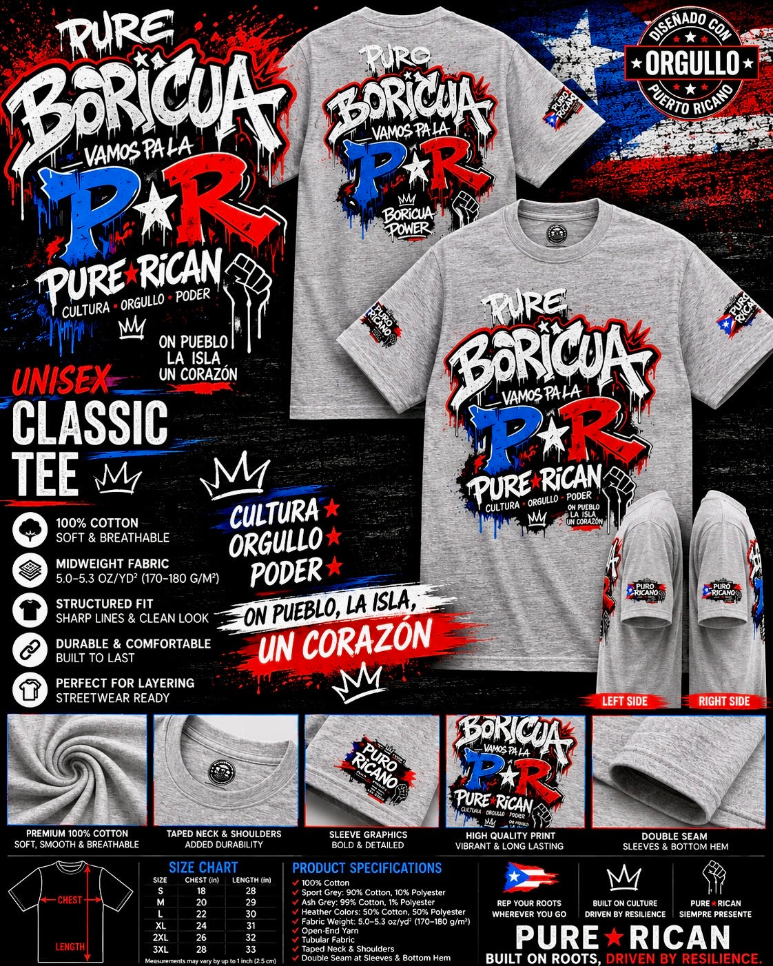 Gray t-shirt with Boricua and Rican text design on a colorful background