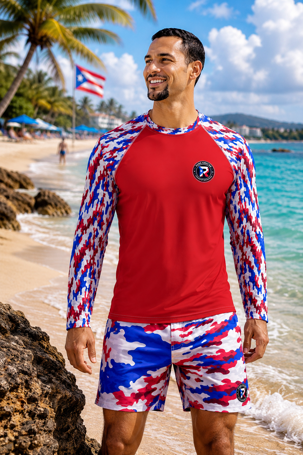 Man wearing a red, white, and blue outfit with a logo on a beach.