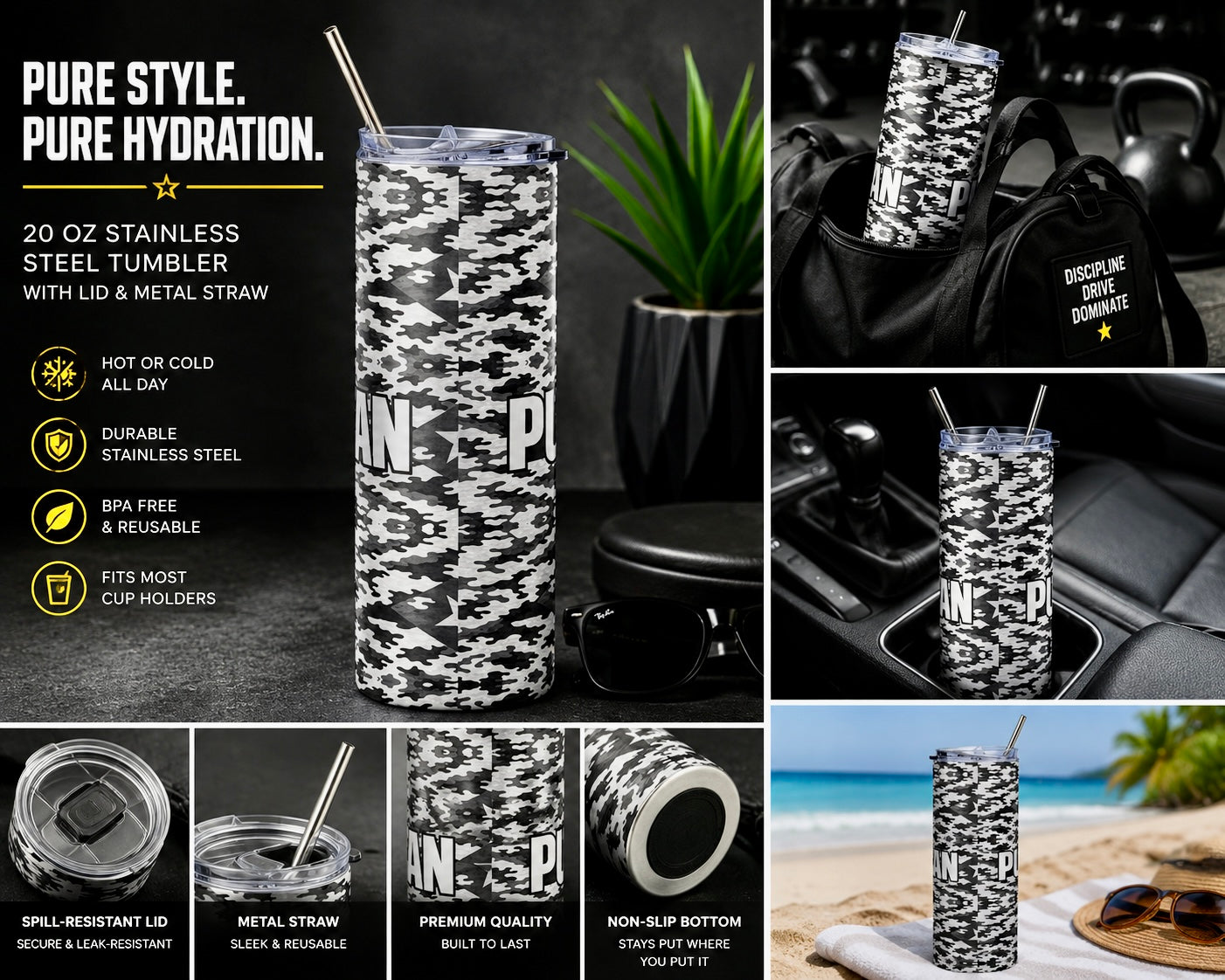 Pure⭐️Rican Black Camo Stainless Steel Tumbler | 20oz Travel Cup with Metal Straw