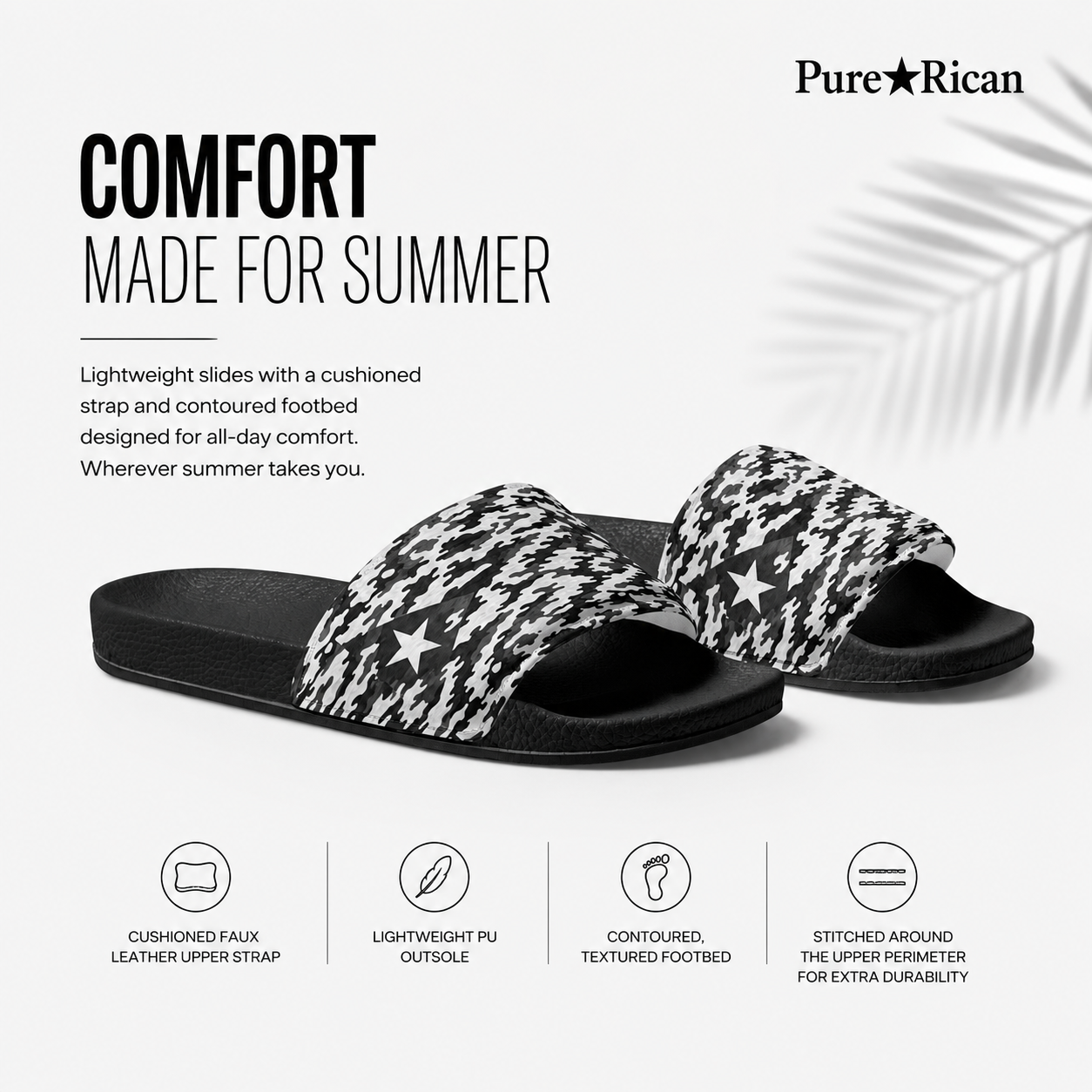 Black and white patterned slides with 'Pure⭐️Rican' branding on a white background.
