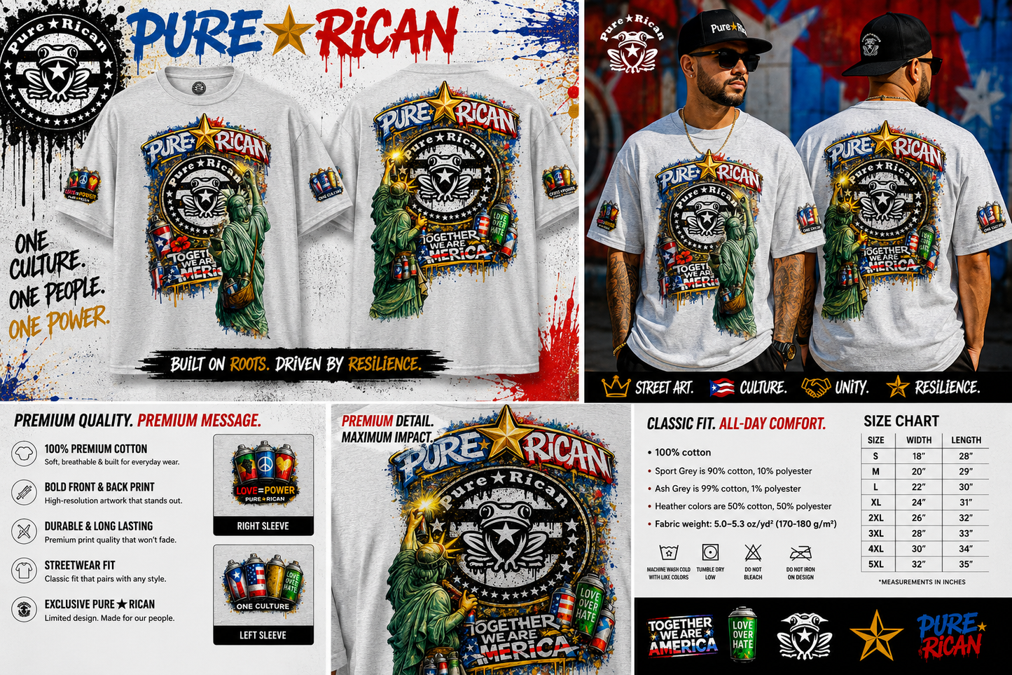 Pure⭐️Rican “Together We Are America” Statue Graffiti Tee – Front & Back Street Art Edition
