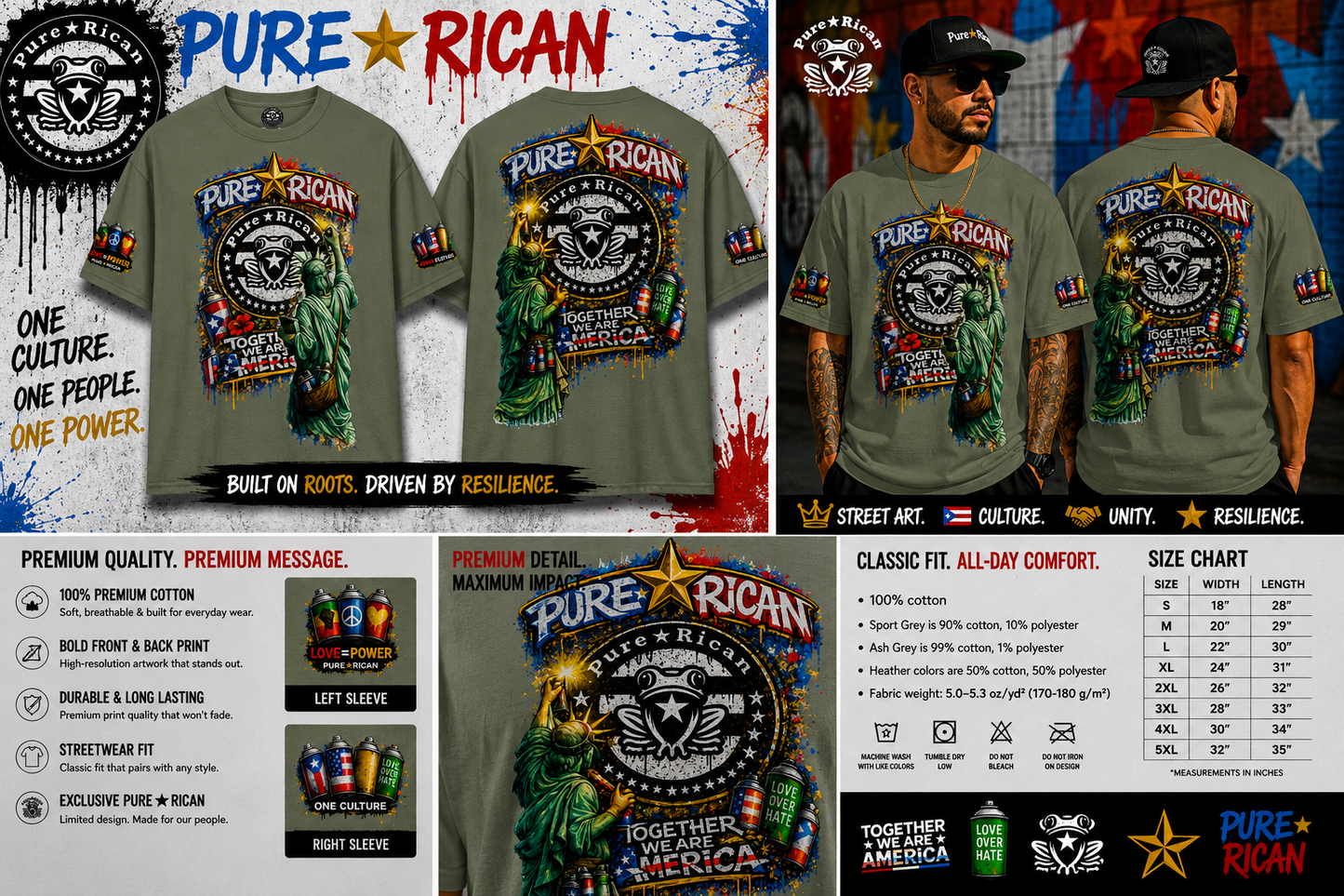 Pure⭐️Rican “Together We Are America” Statue Graffiti Tee – Front & Back Street Art Edition