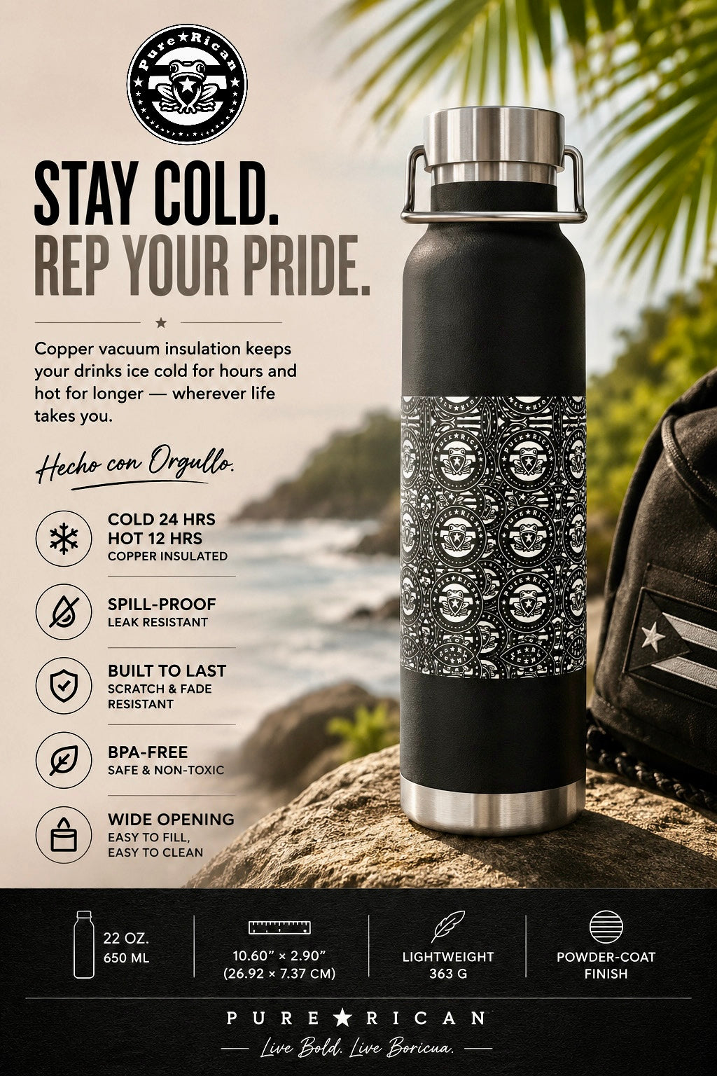 Black water bottle with patterned design on a natural background, featuring text about product features.