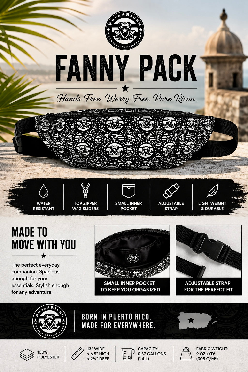 Pure⭐️Rican OG Logo Pattern Fanny Pack | Puerto Rican Travel, Festival & Everyday Waist Bag