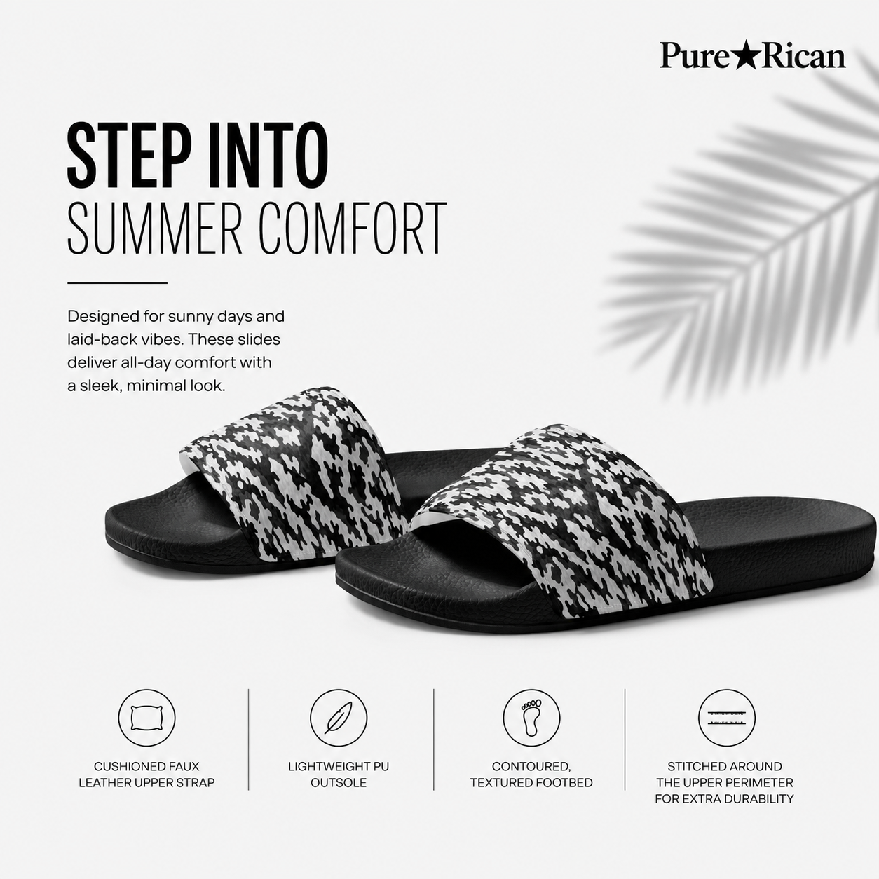 Black and white patterned slides with 'Pure⭐️Rican' branding on a white background.