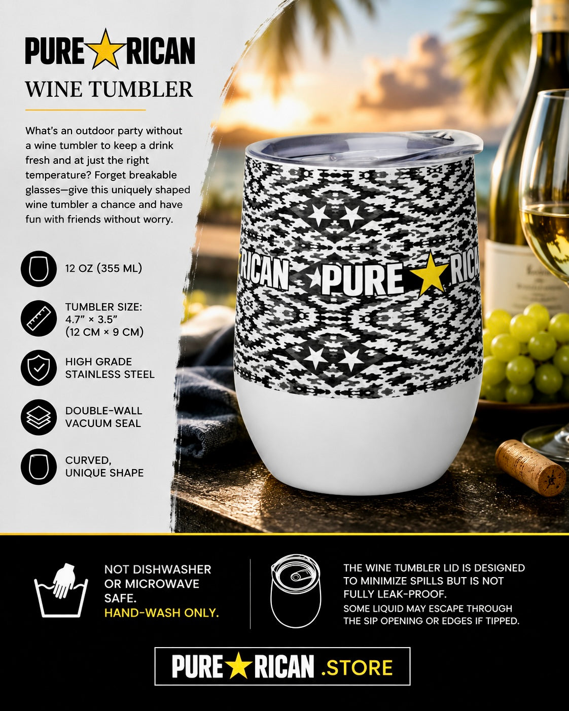 Pure⭐️Rican Black Camo Seal Stainless Steel Wine Tumbler | 12oz Puerto Rican Insulated Cup