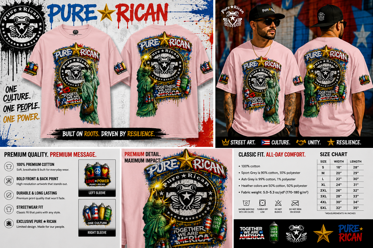 Pure⭐️Rican “Together We Are America” Statue Graffiti Tee – Front & Back Street Art Edition